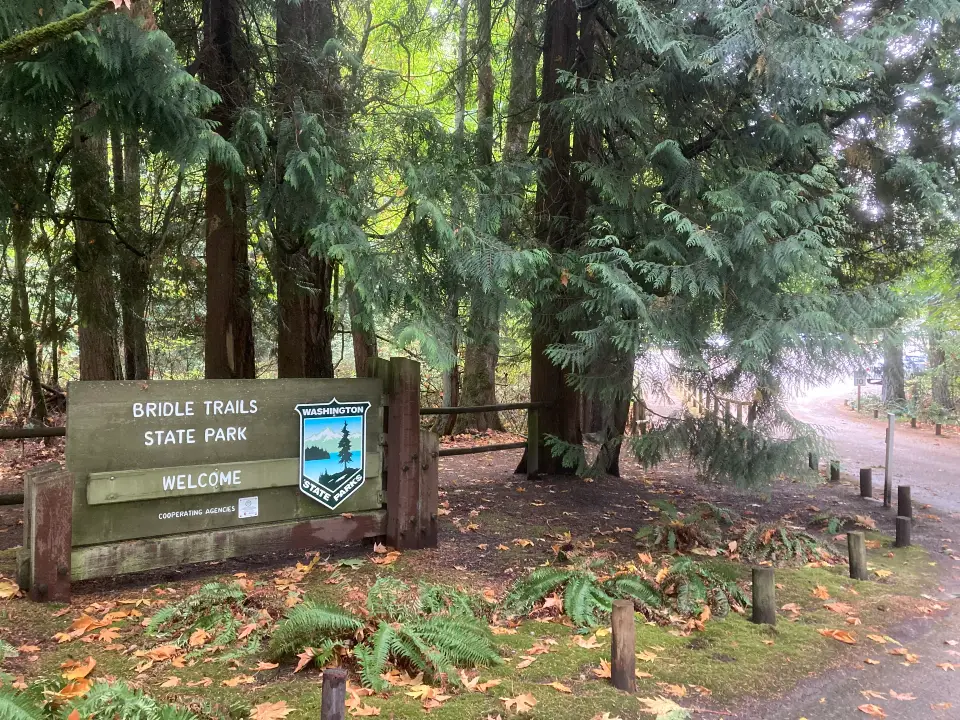 Clear directional signage at the main entrance of Bridle Trails State Park with the iconic wooden park sign and parking area visible