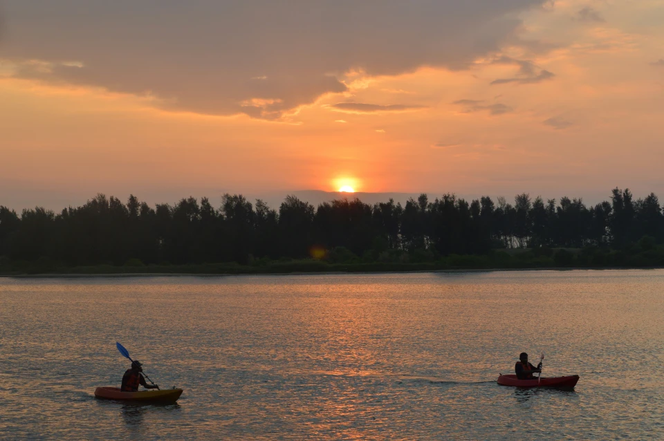Sunset view from Little Assawoman Bay with kayakers in silhouette